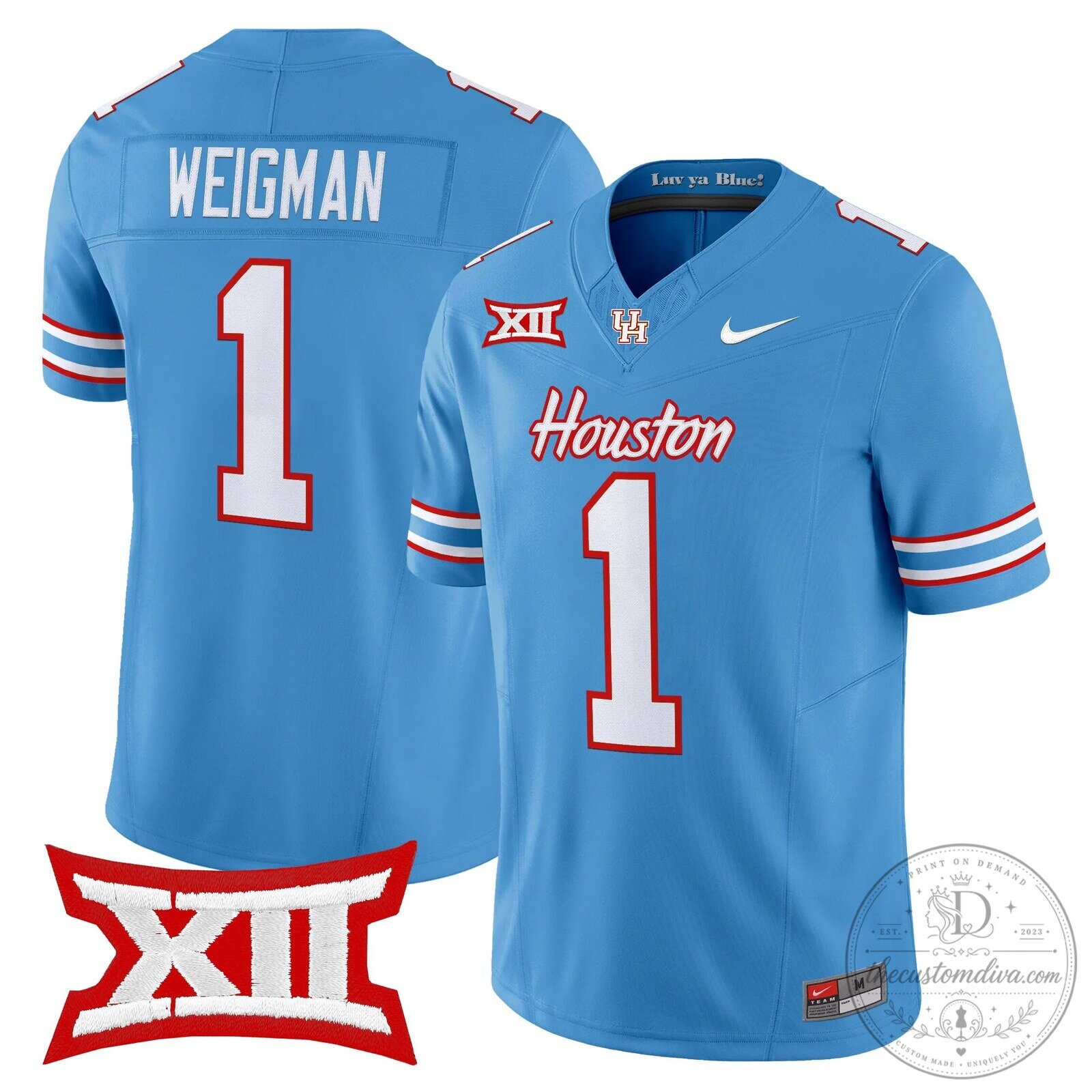 Houston Cougars Football Jersey Weigman Number 1 Light Blue Stitched