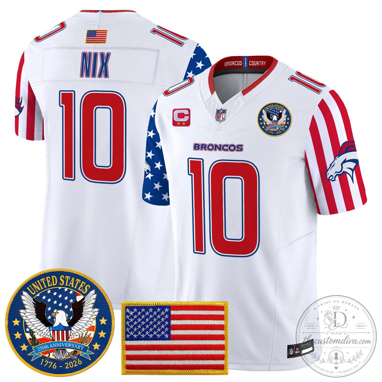 Denver Broncos Nix Number 10 America 250th Anniversary Football Jersey 1 Denver Broncos Nix Number 10 America 250th Anniversary Football Jersey