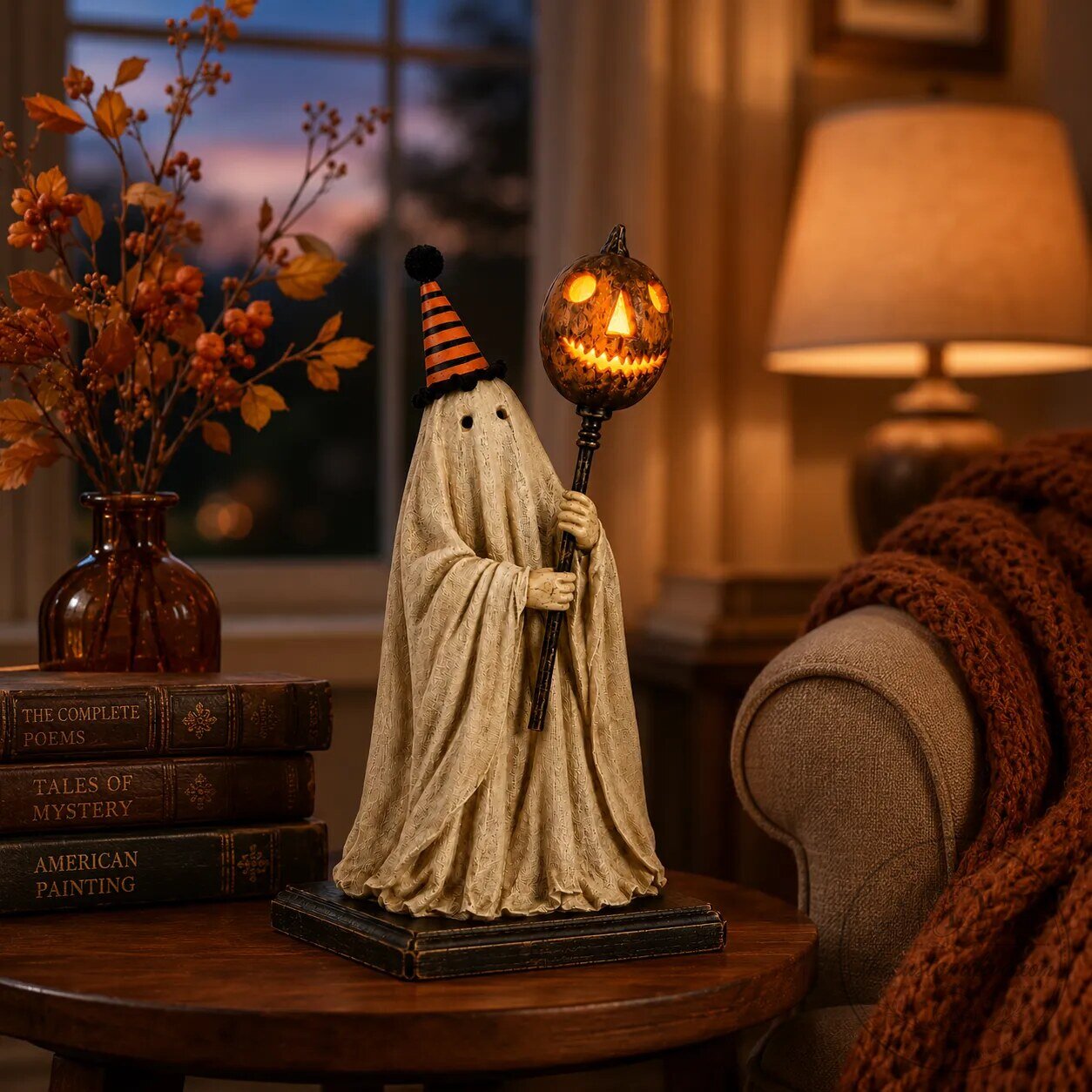Vintage Halloween Decor Lighted Ghost Figurine with Pumpkin Staff 9 Vintage Halloween Decor Lighted Ghost Figurine with Pumpkin Staff