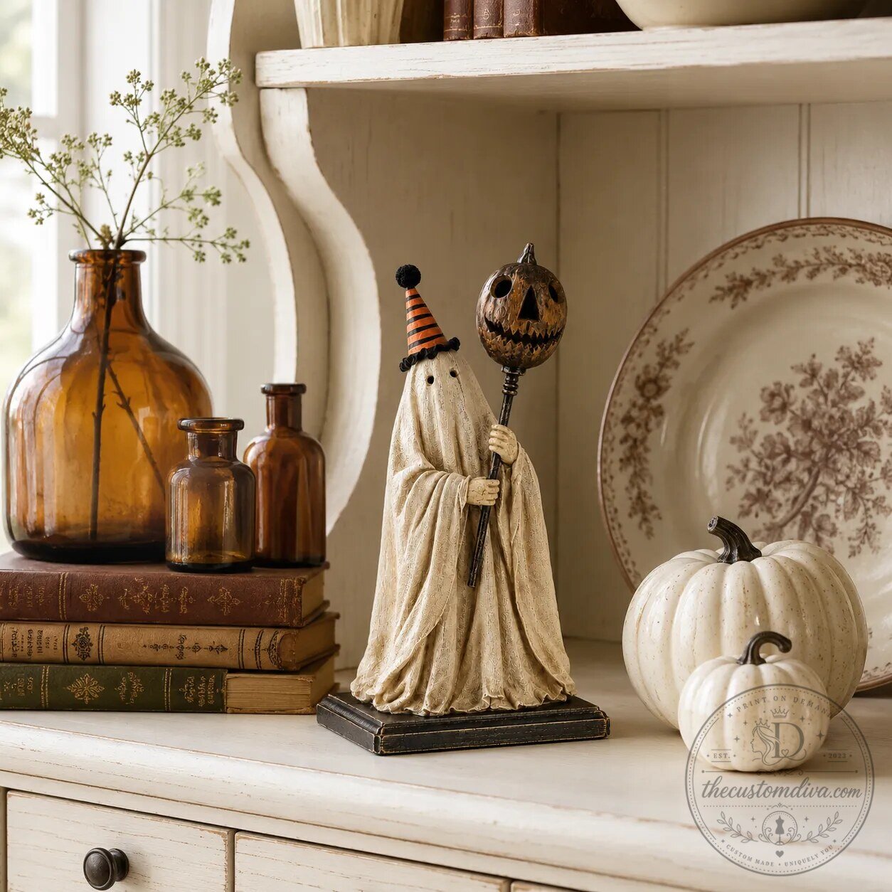 Vintage Halloween Decor Lighted Ghost Figurine with Pumpkin Staff 10 Vintage Halloween Decor Lighted Ghost Figurine with Pumpkin Staff