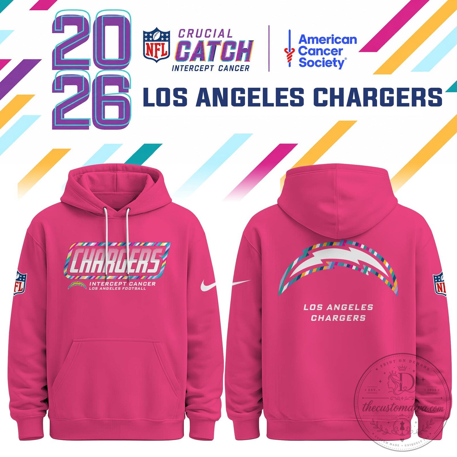Los Angeles Chargers Crucial Catch Intercept Cancer Pink Hoodie