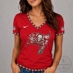 Tampa Bay Buccaneers Floral Skull and Crossbones V-Neck T-Shirt