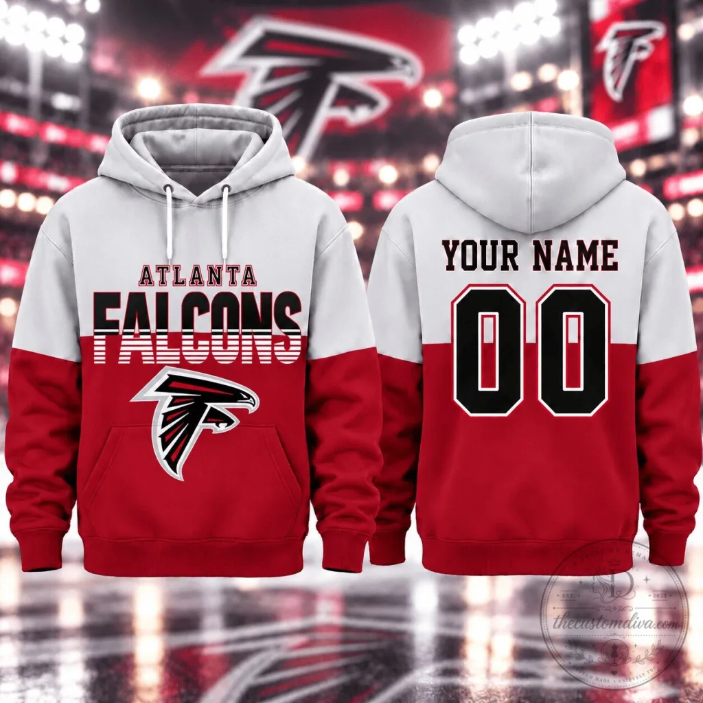 Atlanta Falcons Red and White Varsity Stripe Custom Name and Number Hoodie Atlanta Falcons Red and White Varsity Stripe Custom Name and Number Hoodie