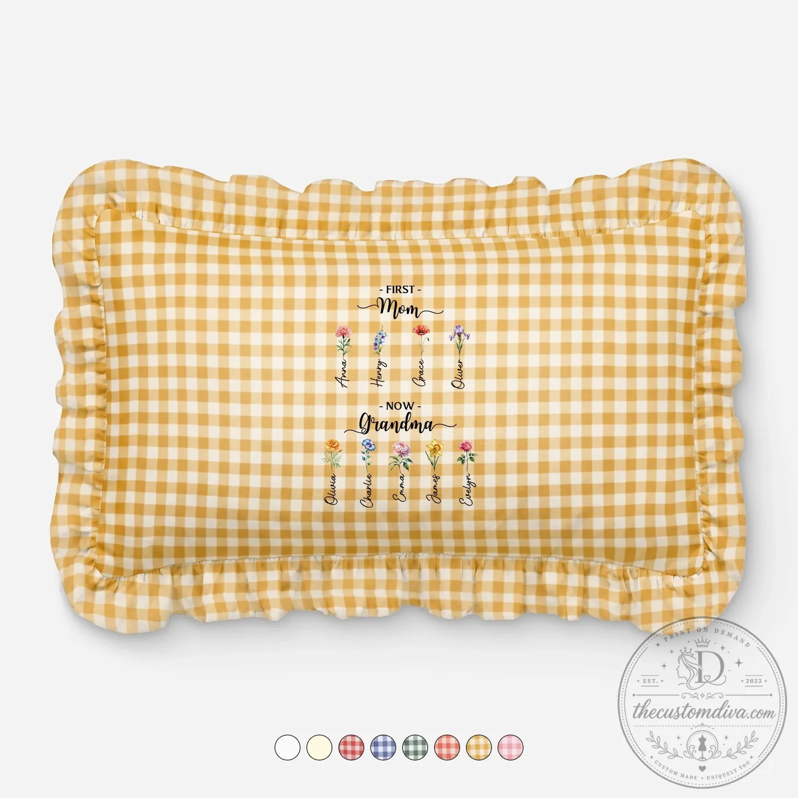 First Mom Now Grandma Personalized Ruffle Pillow with Grandchildren's Names