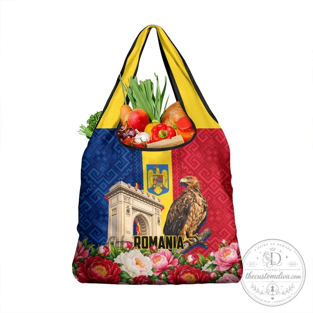Romania Flag Eagle Arcul de Triumf Floral Peony Motifs Reusable Grocery Bag