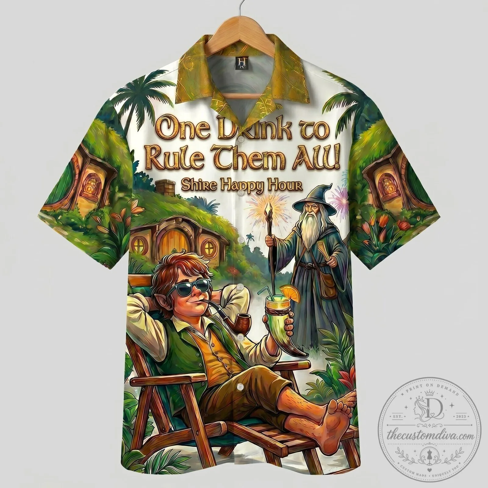 Lord of the Rings One Drink to Rule Them All Shire Happy Hour Hawaiian Shirt