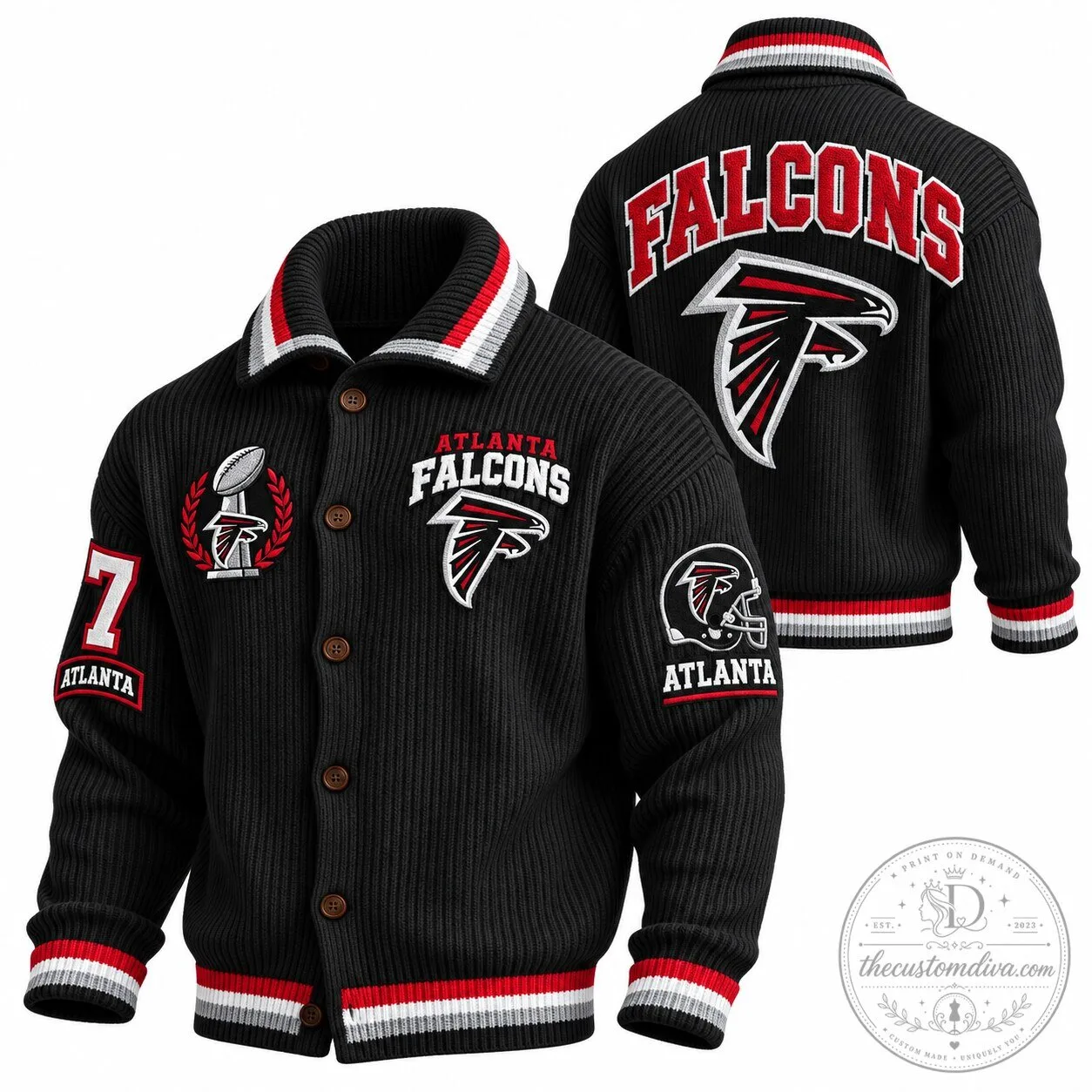 Atlanta Falcons NFL Football Team Black Knit Button-Up Cardigan Jacket