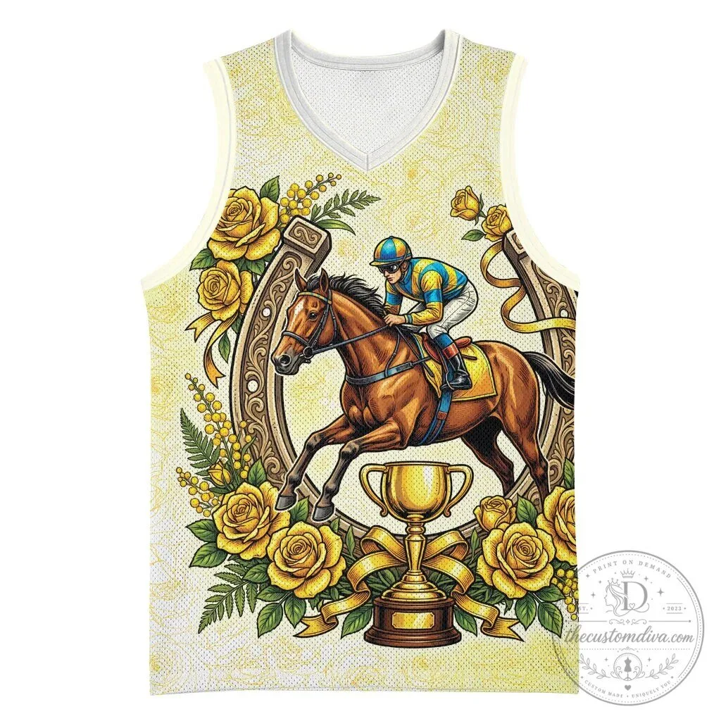 Melbourne Horse Racing Jockey Floral Horseshoe Yellow Rose Tank Top