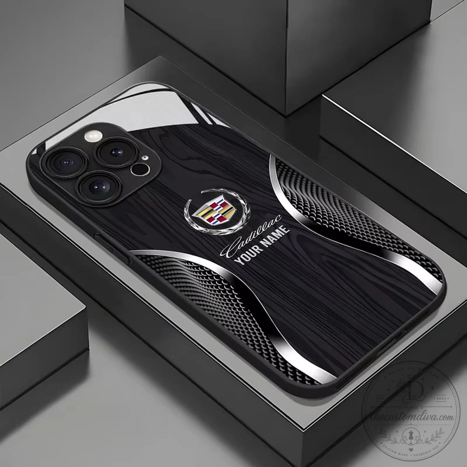 Cadillac Custom Name Wood Grain Design Black Phone Case for iPhone and Samsung