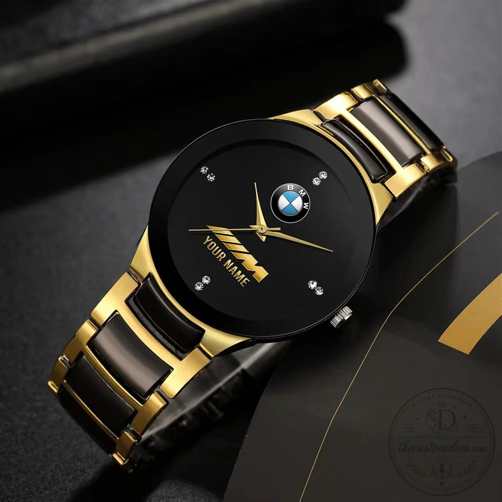 BMW M Series Custom Name Black and Gold Stainless Steel Men's Quartz Watch