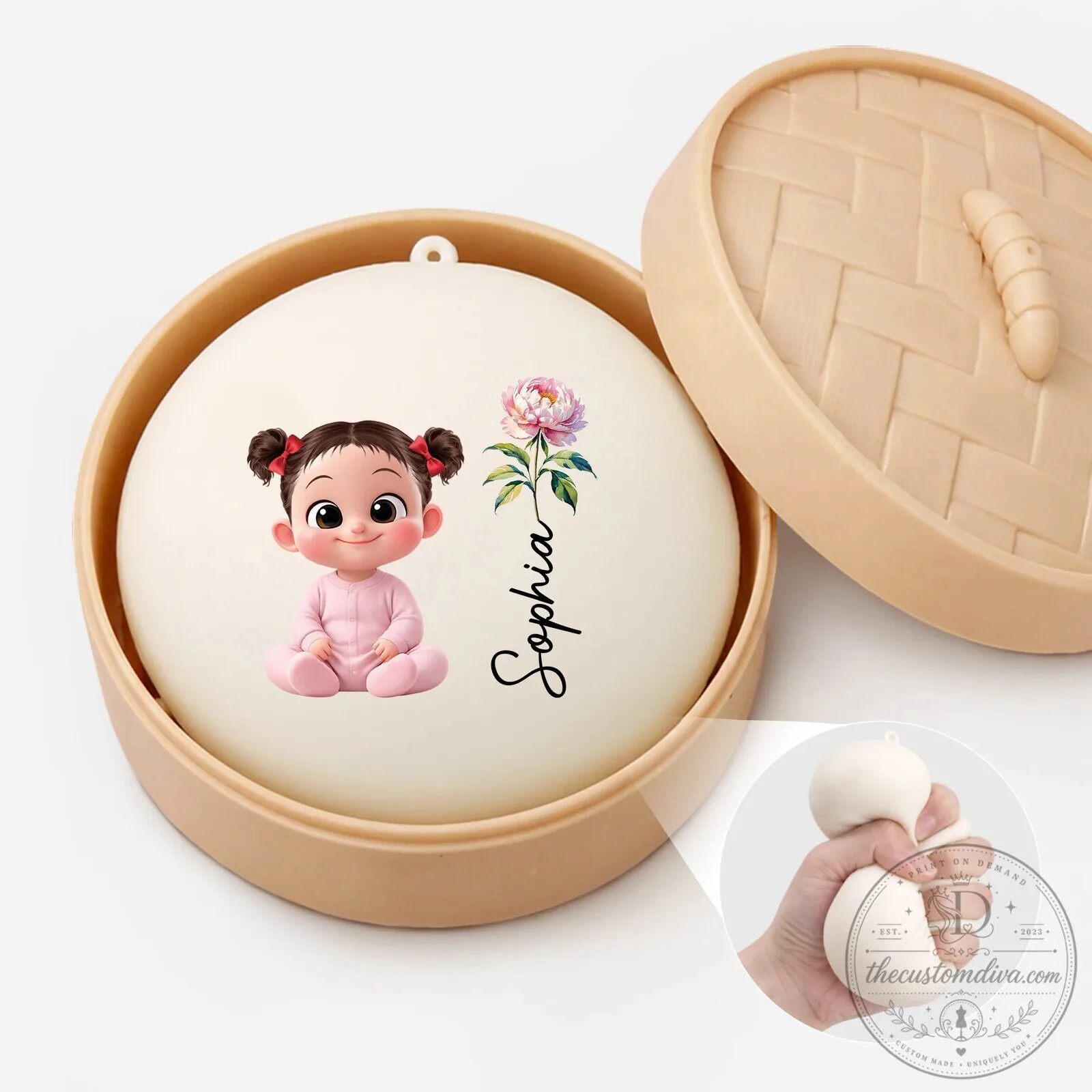 Personalized Baby Girl Sophia Birth Flower Squishy Toy in Steamer Basket