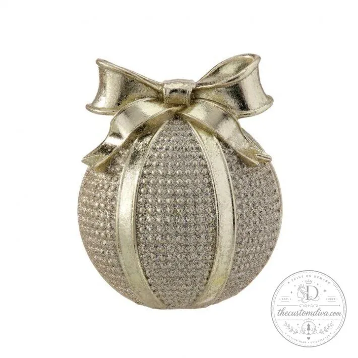 Champagne Gold Glitter Ball Ornament with Bow Christmas Tree Decoration