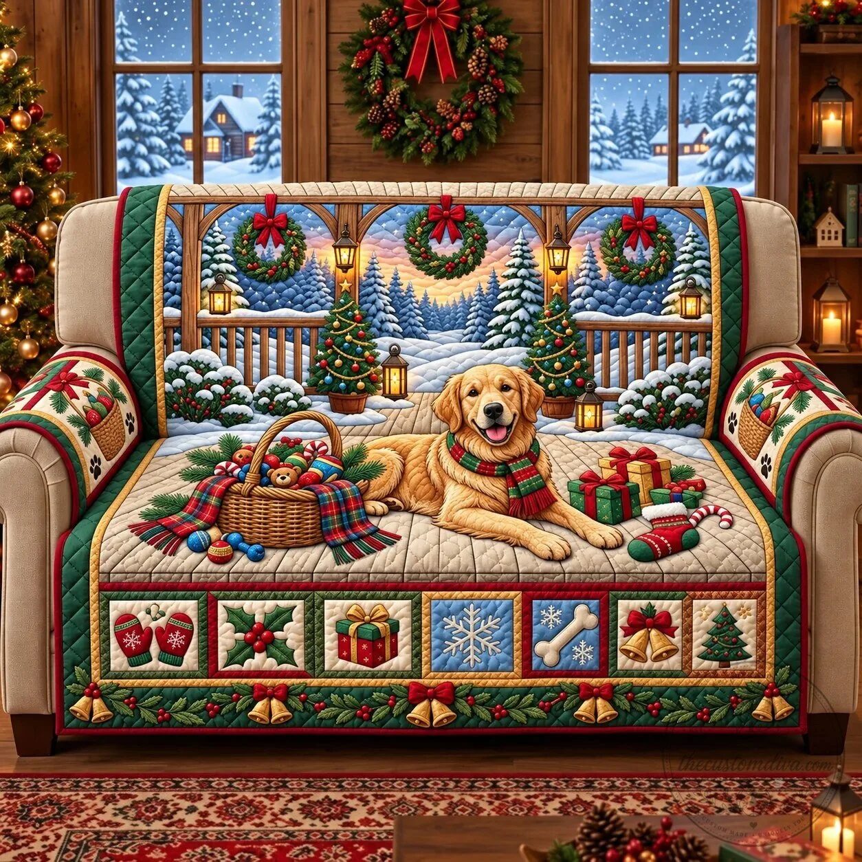 Golden Retriever Dog Christmas Holiday Quilted Sofa Cover