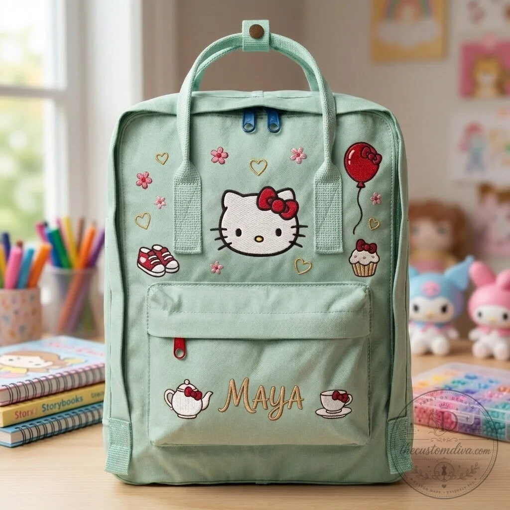Hello Kitty Embroidered Mint Green Backpack with Personalized Name