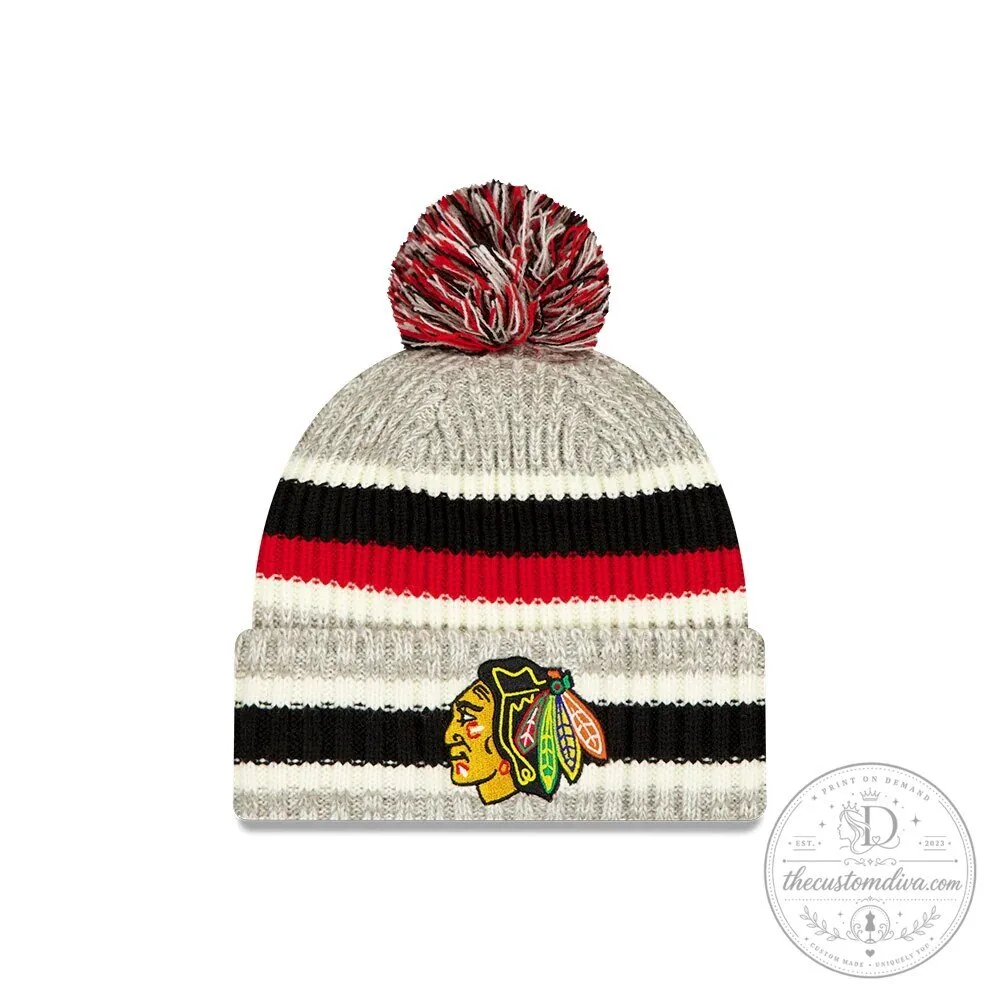 Chicago Blackhawks Primary Logo Striped Knit Beanie Hat with Pom Pom