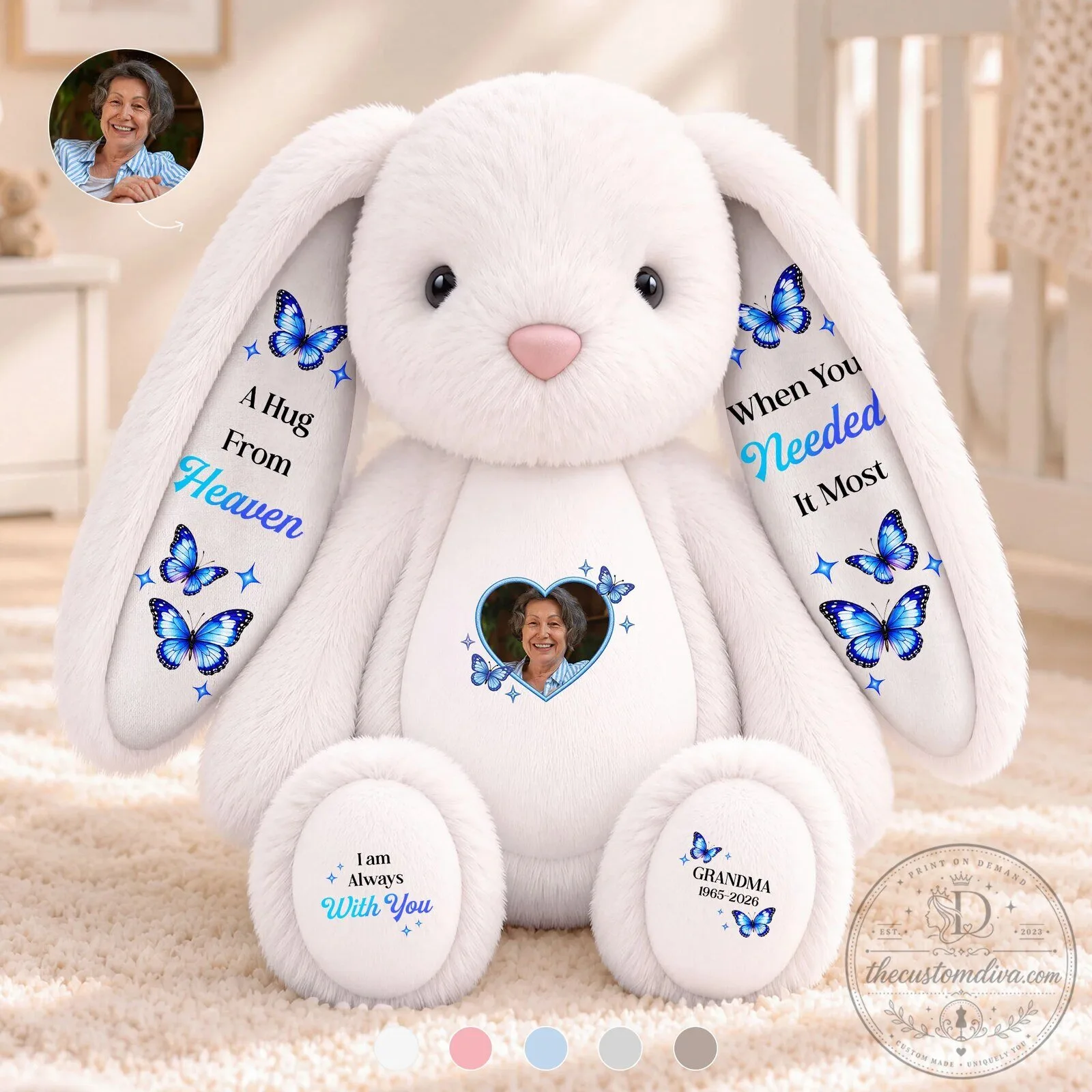 Personalized Memorial Bunny Plush Toy with Photo and Custom Text for Loved Ones