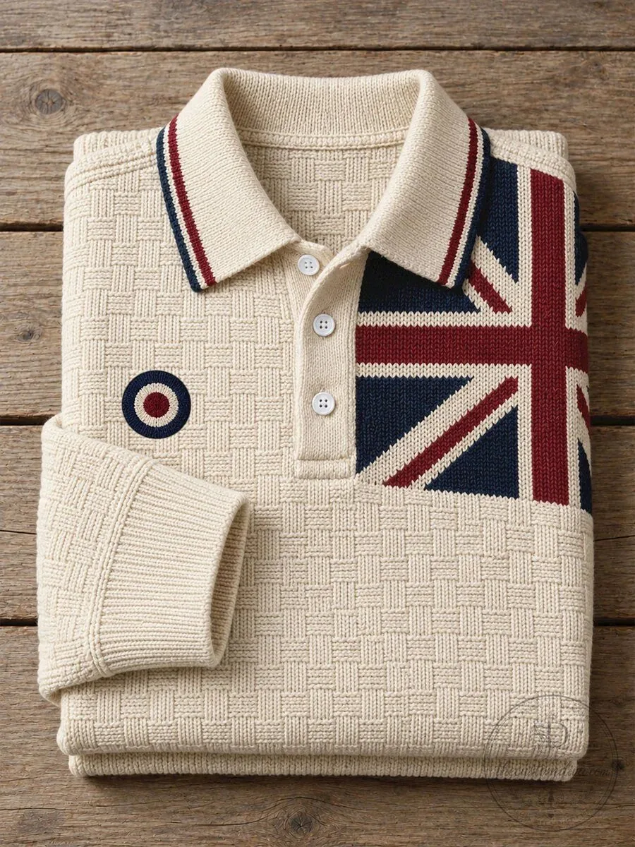 Union Jack Flag Mod Target British Style Knitted Long Sleeve Polo Shirt