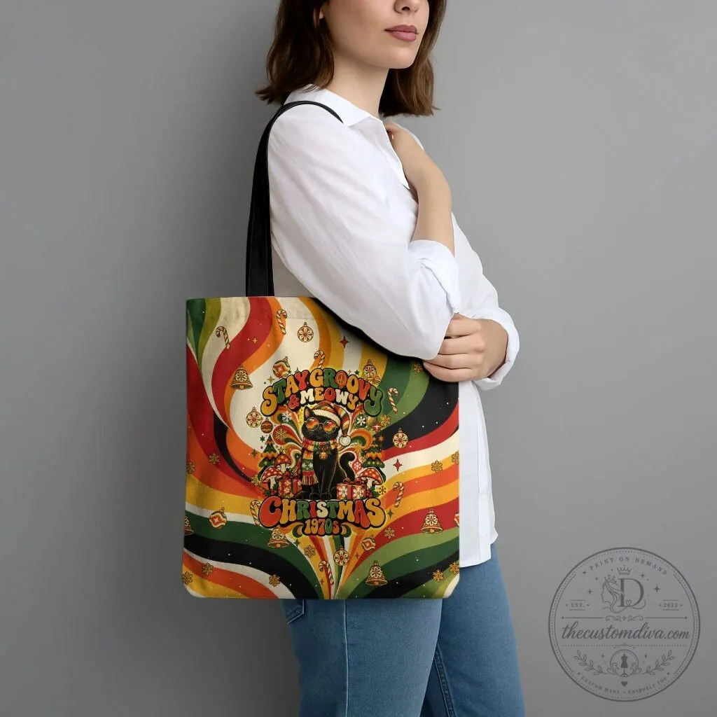 Stay Groovy Meow Christmas Black Cat Vintage Retro Holiday Tote Bag 11 Stay Groovy Meow Christmas Black Cat Vintage Retro Holiday Tote Bag