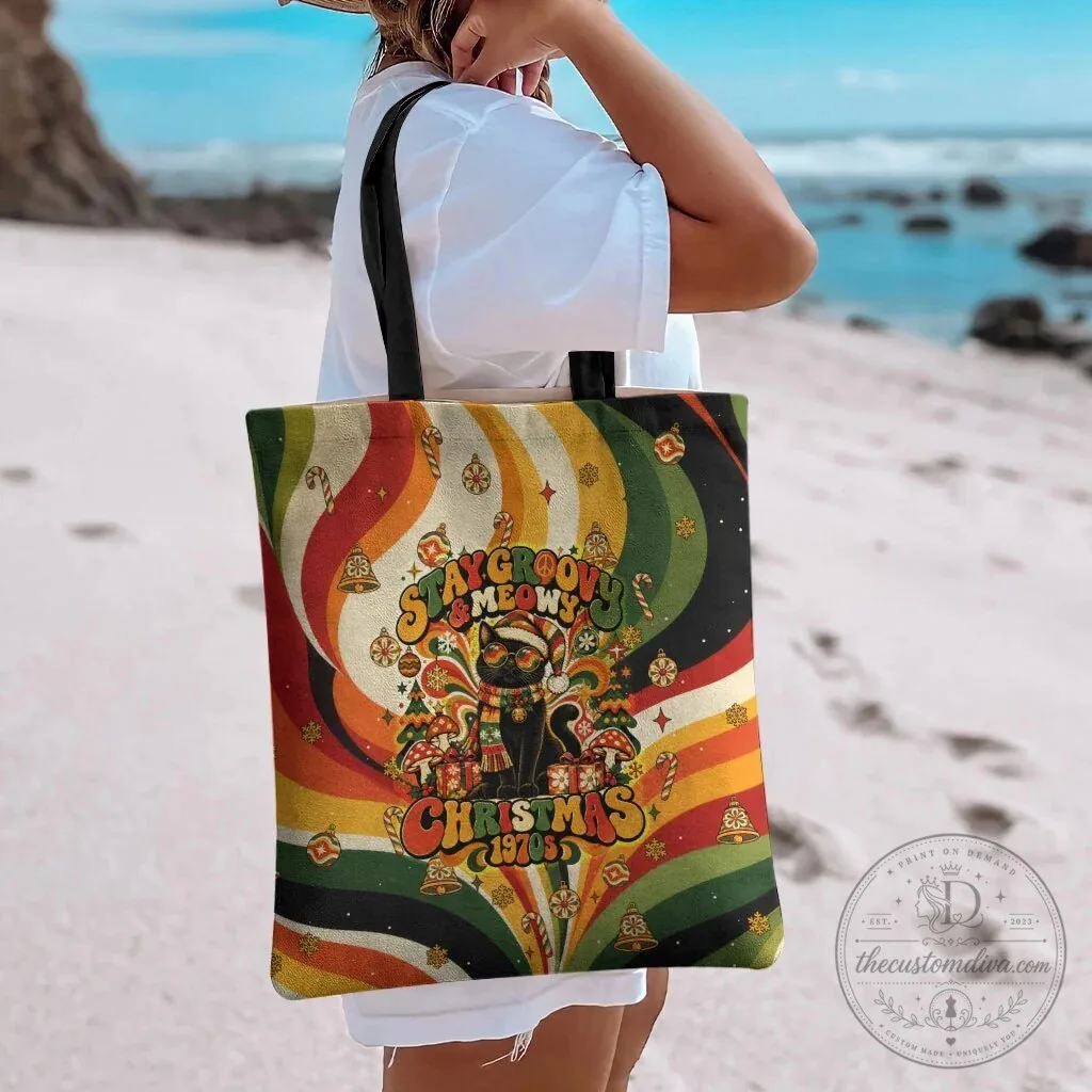 Stay Groovy Meow Christmas Black Cat Vintage Retro Holiday Tote Bag 12 Stay Groovy Meow Christmas Black Cat Vintage Retro Holiday Tote Bag