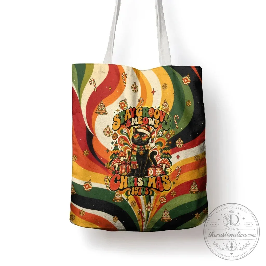 Stay Groovy Meow Christmas Black Cat Vintage Retro Holiday Tote Bag 14 Stay Groovy Meow Christmas Black Cat Vintage Retro Holiday Tote Bag