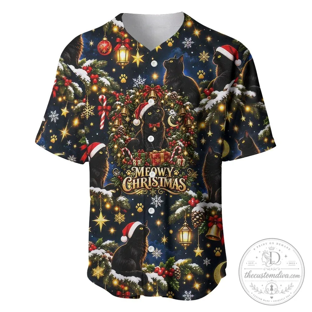 Meowy Christmas Black Cat Festive Night Tree Snow Stars Holiday Pattern Baseball Jersey