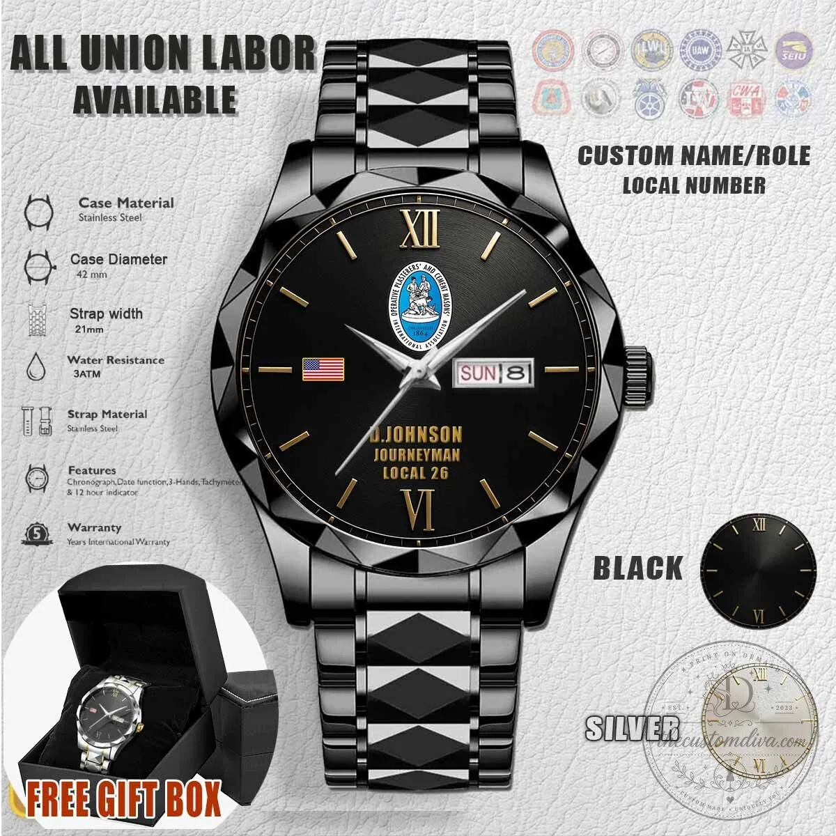 Union Journeyman Stainless Steel Watch with Custom Name and Local Number