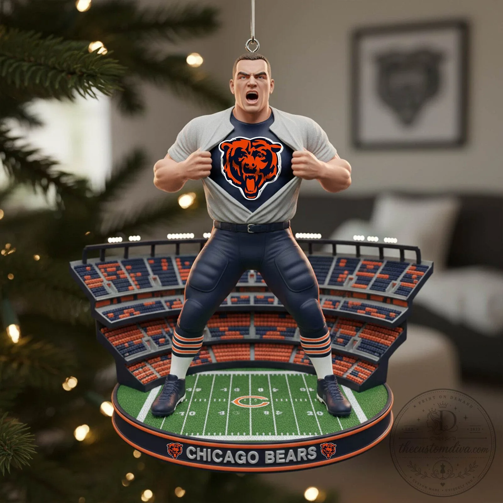 Chicago Bears Football Player Super Hero Stadium Christmas Ornament