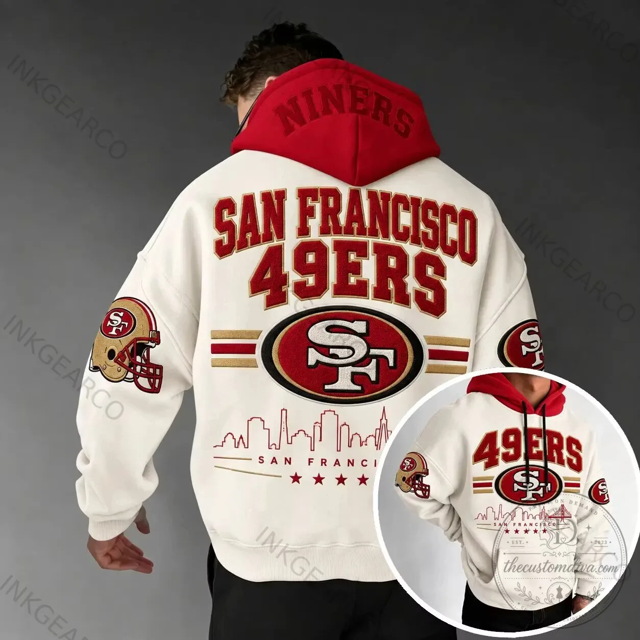 San Francisco 49ers Football Team Red and Gold Logo White Hoodie 1 San Francisco 49ers Football Team Red and Gold Logo White Hoodie