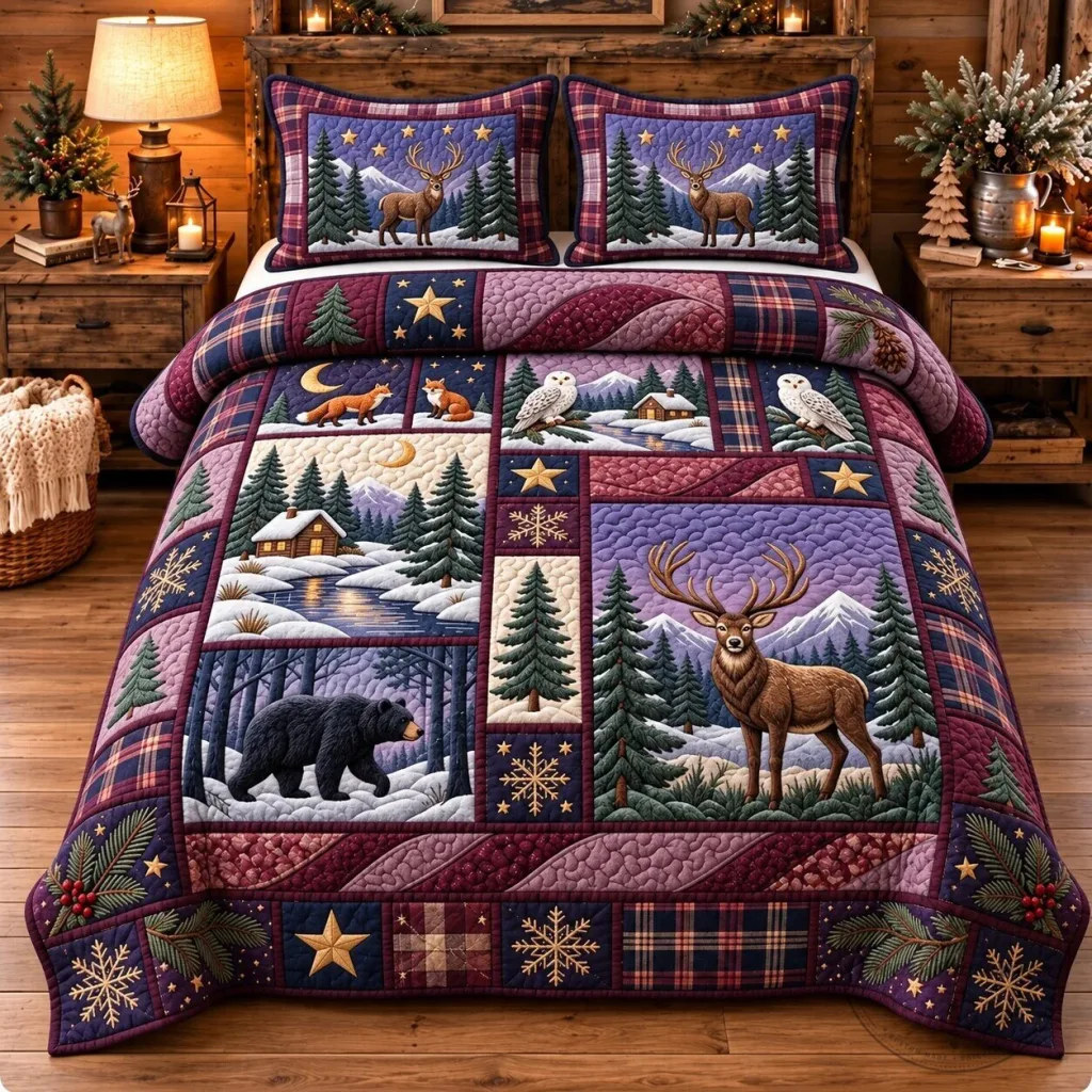 Winter Forest Animals Patchwork Quilted Bedding Set with Deer and Bear Winter Forest Animals Patchwork Quilted Bedding Set with Deer and Bear