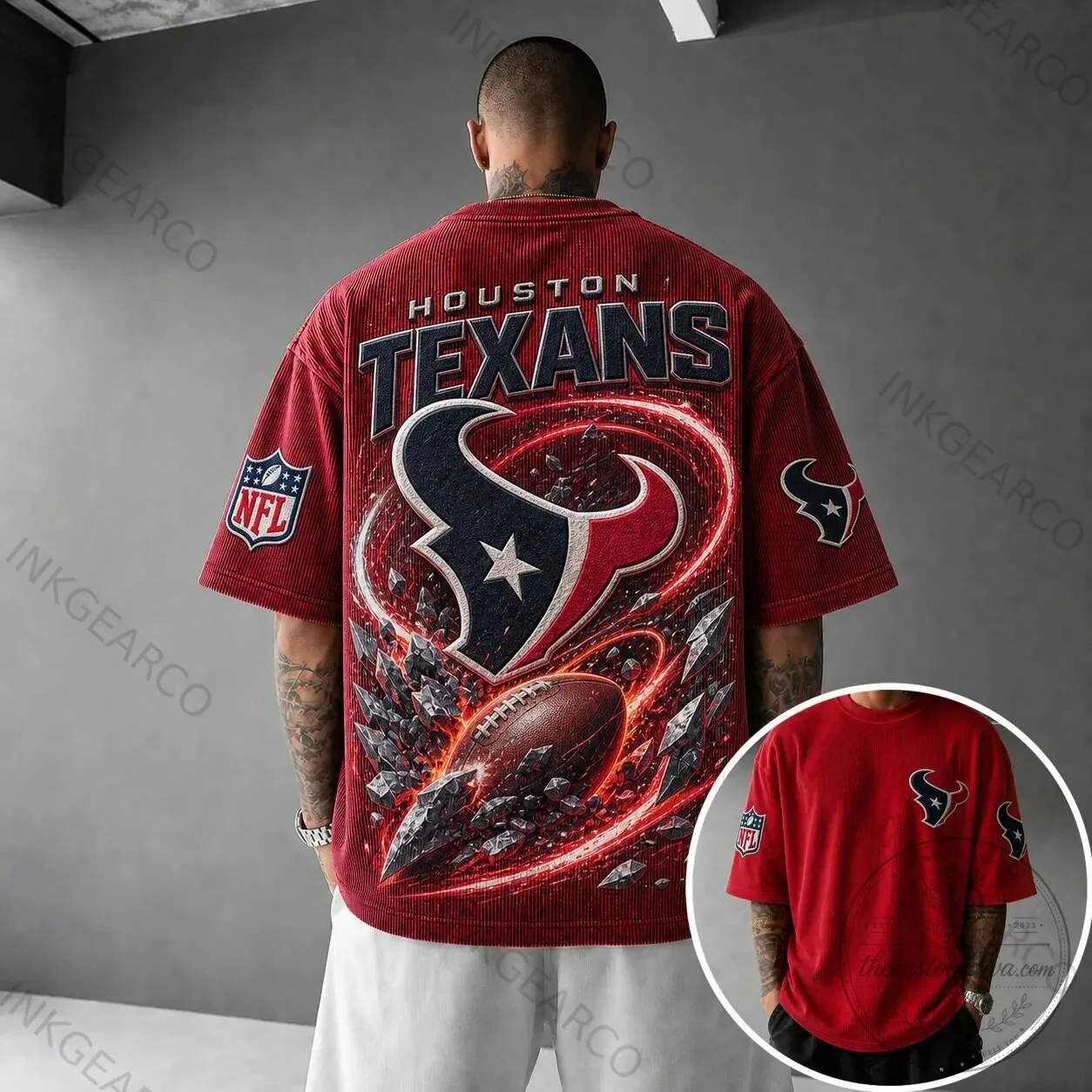 Houston Texans NFL Football Team Logo Red Vertical Stripe Oversized T-Shirt