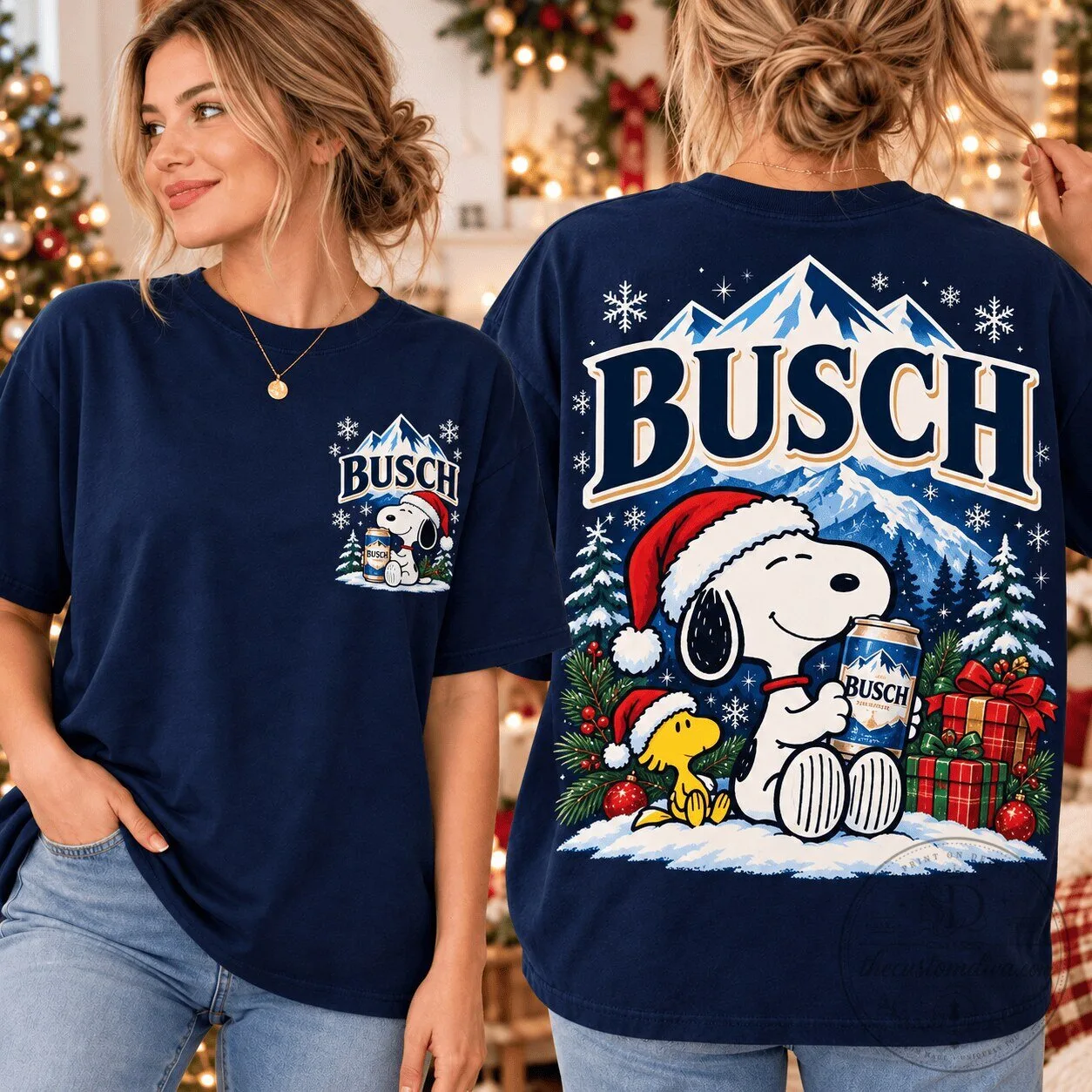 Busch Beer Snoopy Christmas Holiday Mountain Winter Graphic T-Shirt
