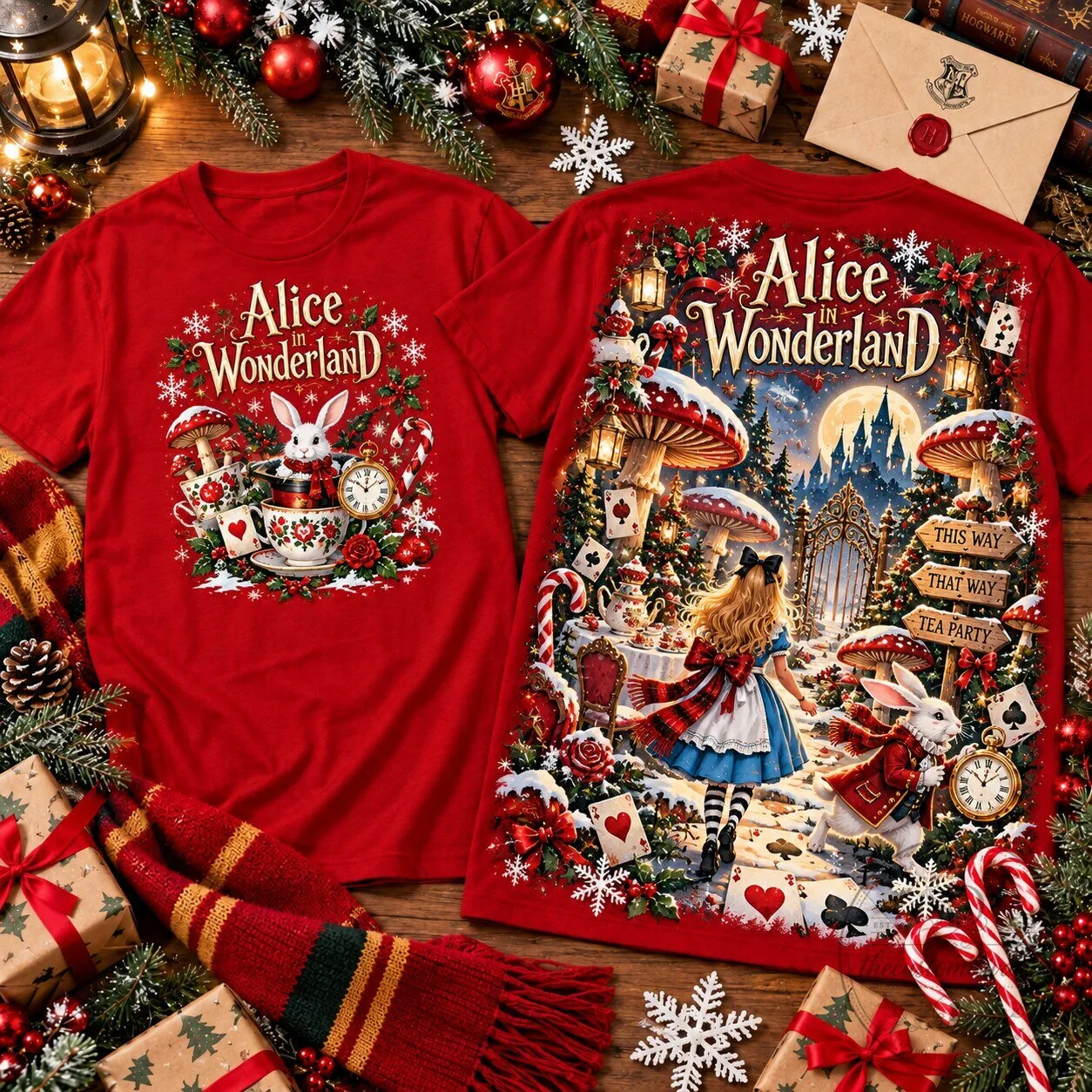 Alice in Wonderland Christmas Fantasy White Rabbit Tea Party T-Shirt