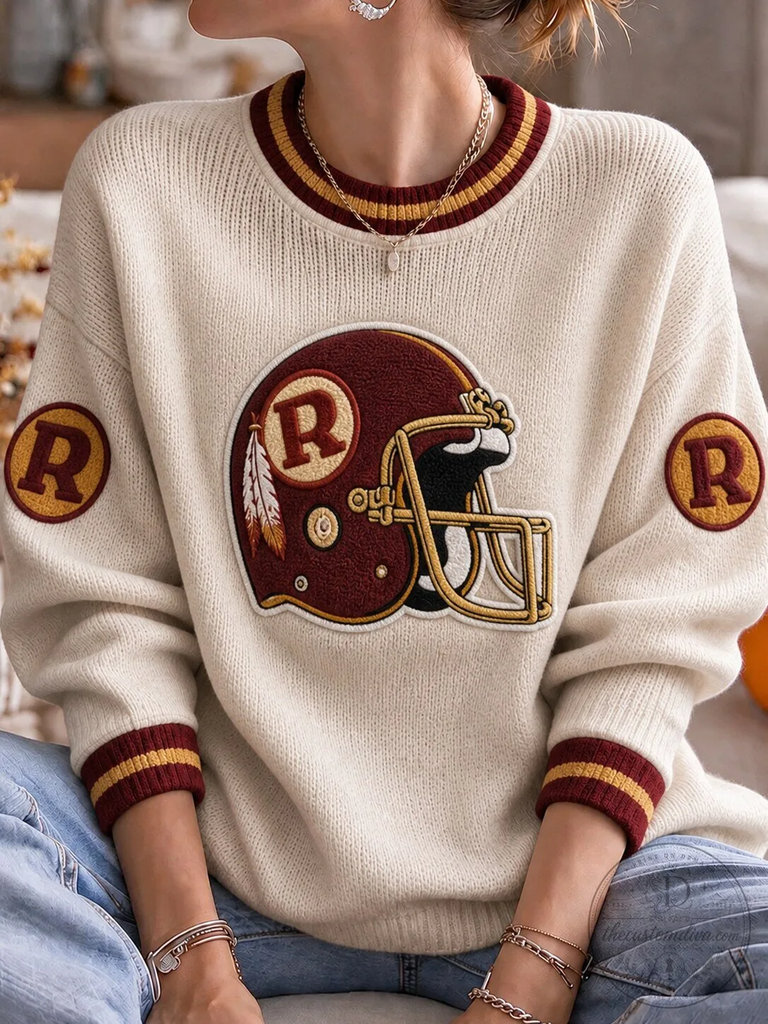 Washington Redskins Football Helmet Embroidered Cream Knit Sweatshirt