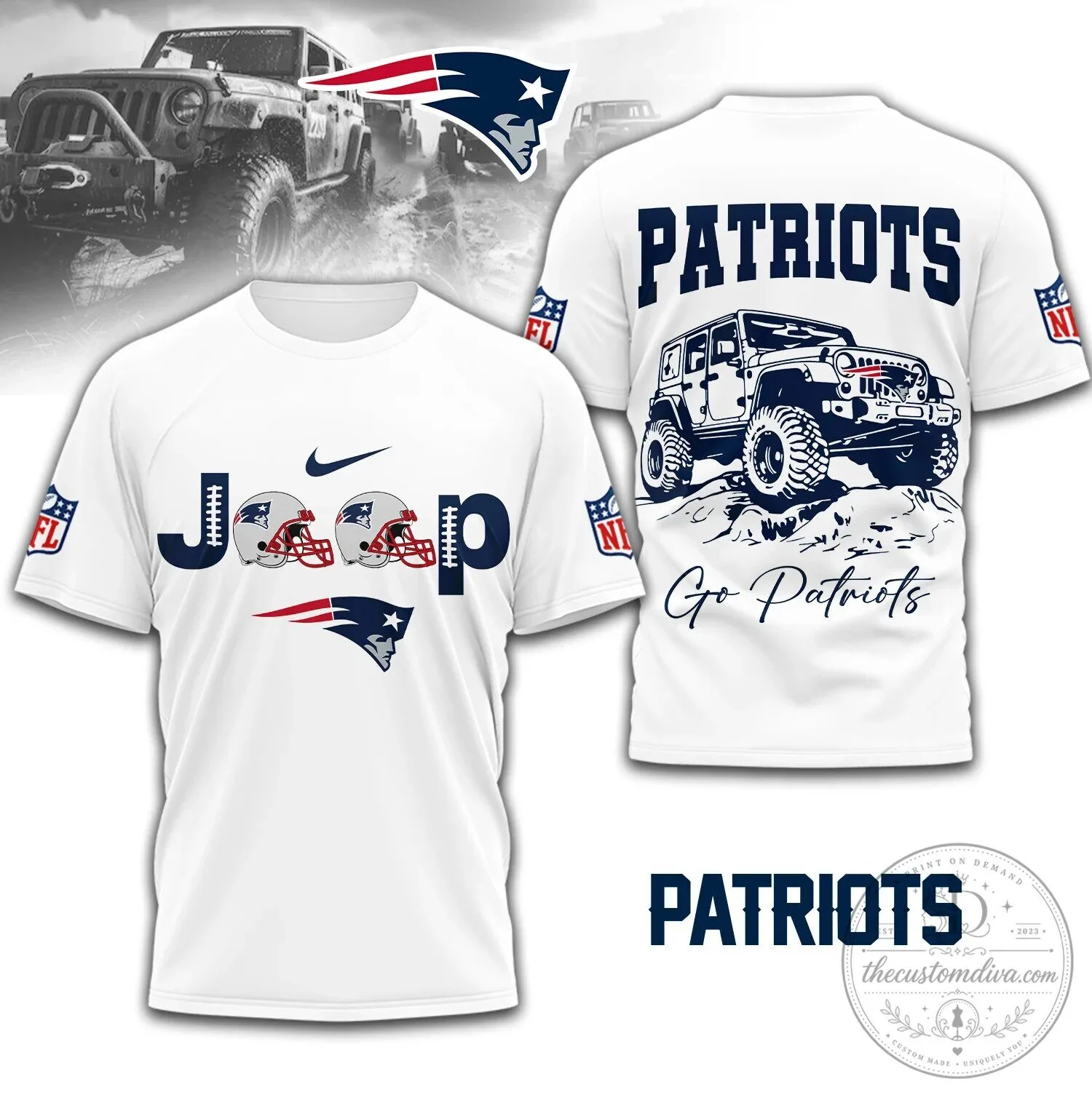 New England Patriots Jeep Off-Road Adventure Graphic Print White T-Shirt