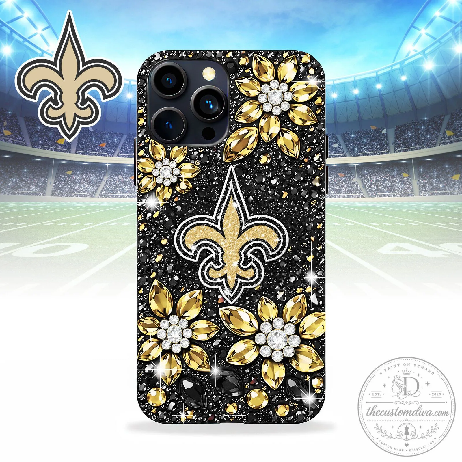 New Orleans Saints Football Team Black and Gold Fleur de Lis Crystal Phone Case