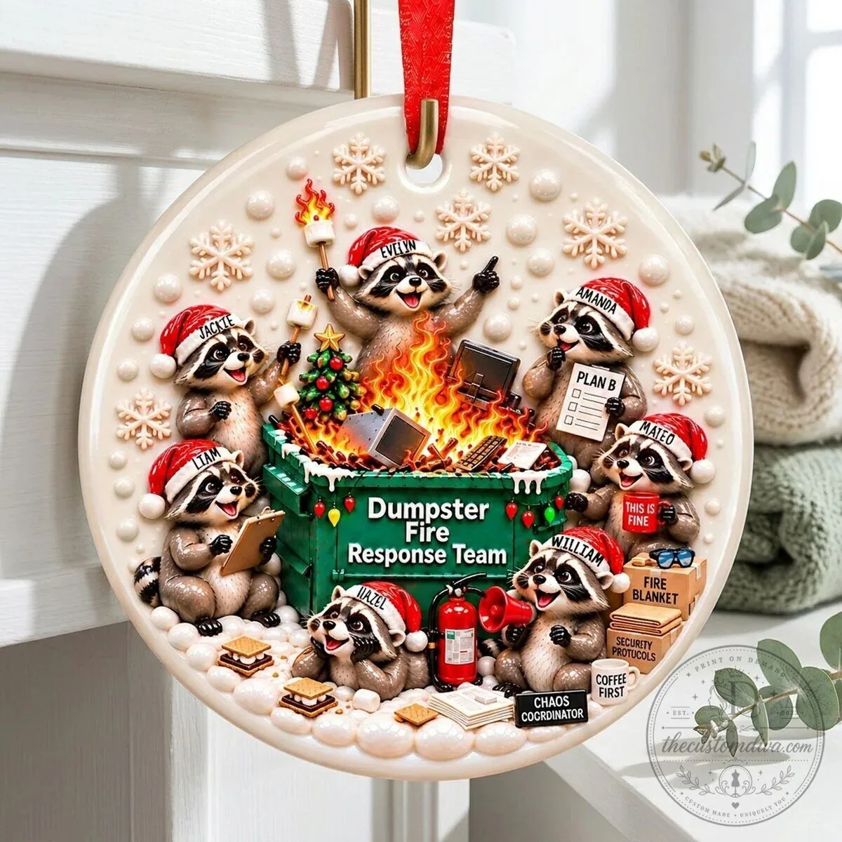 Personalized Dumpster Fire Response Team Raccoon Christmas Ornament