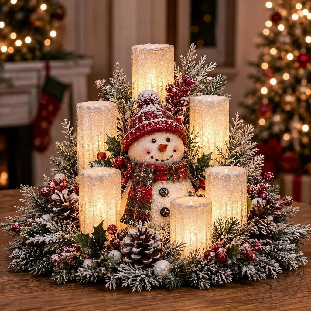 Christmas Snowman Candle Centerpiece with Pinecones and Berries Holiday Table Decor 2 Christmas Snowman Candle Centerpiece with Pinecones and Berries Holiday Table Decor