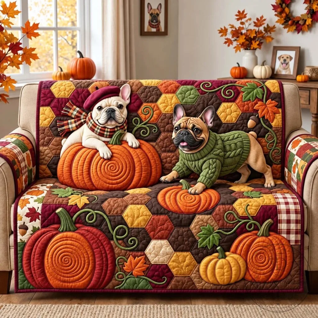 Autumn French Bulldog Pumpkin Patch Quilted Sofa Cover for Living Room Decor Autumn French Bulldog Pumpkin Patch Quilted Sofa Cover for Living Room Decor