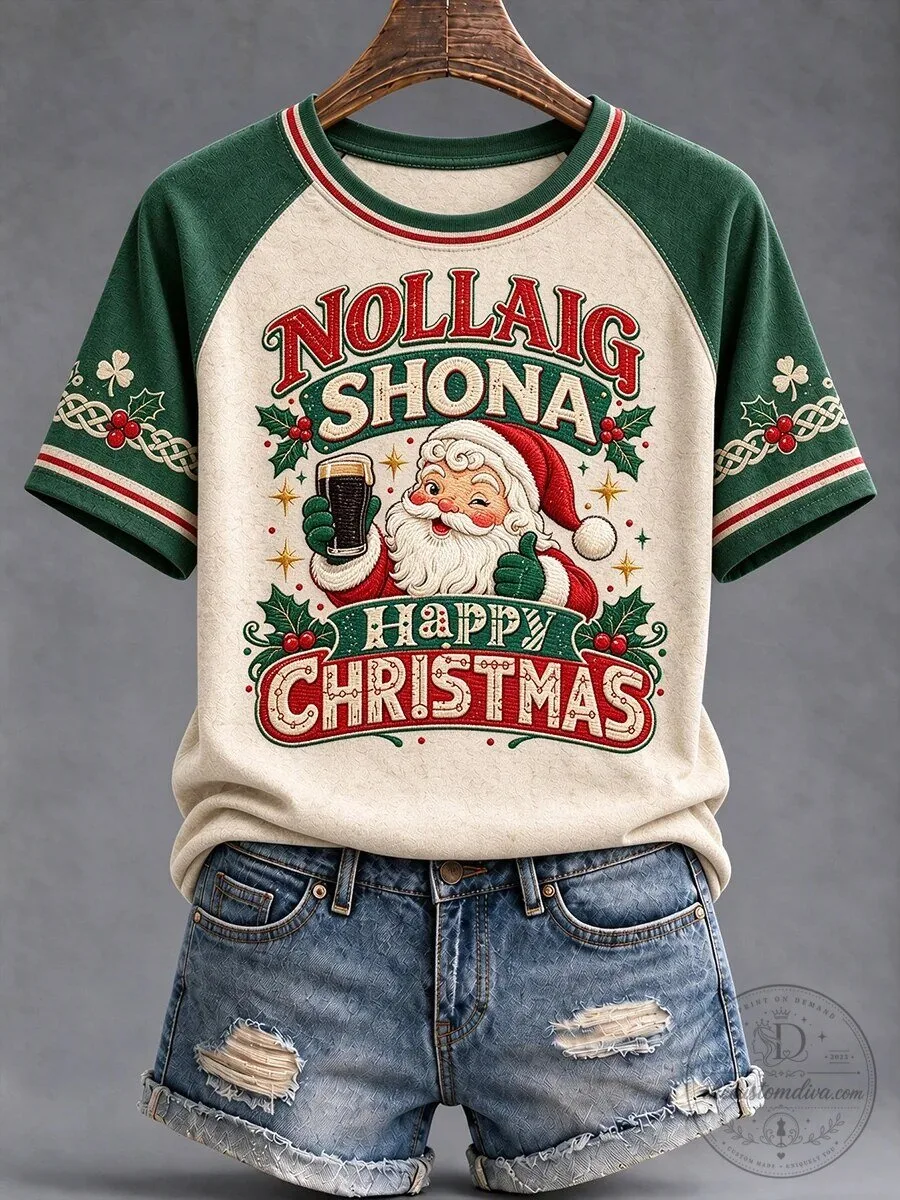 Happy Christmas Nollaig Shona Irish Santa Claus Raglan Sleeve T-Shirt