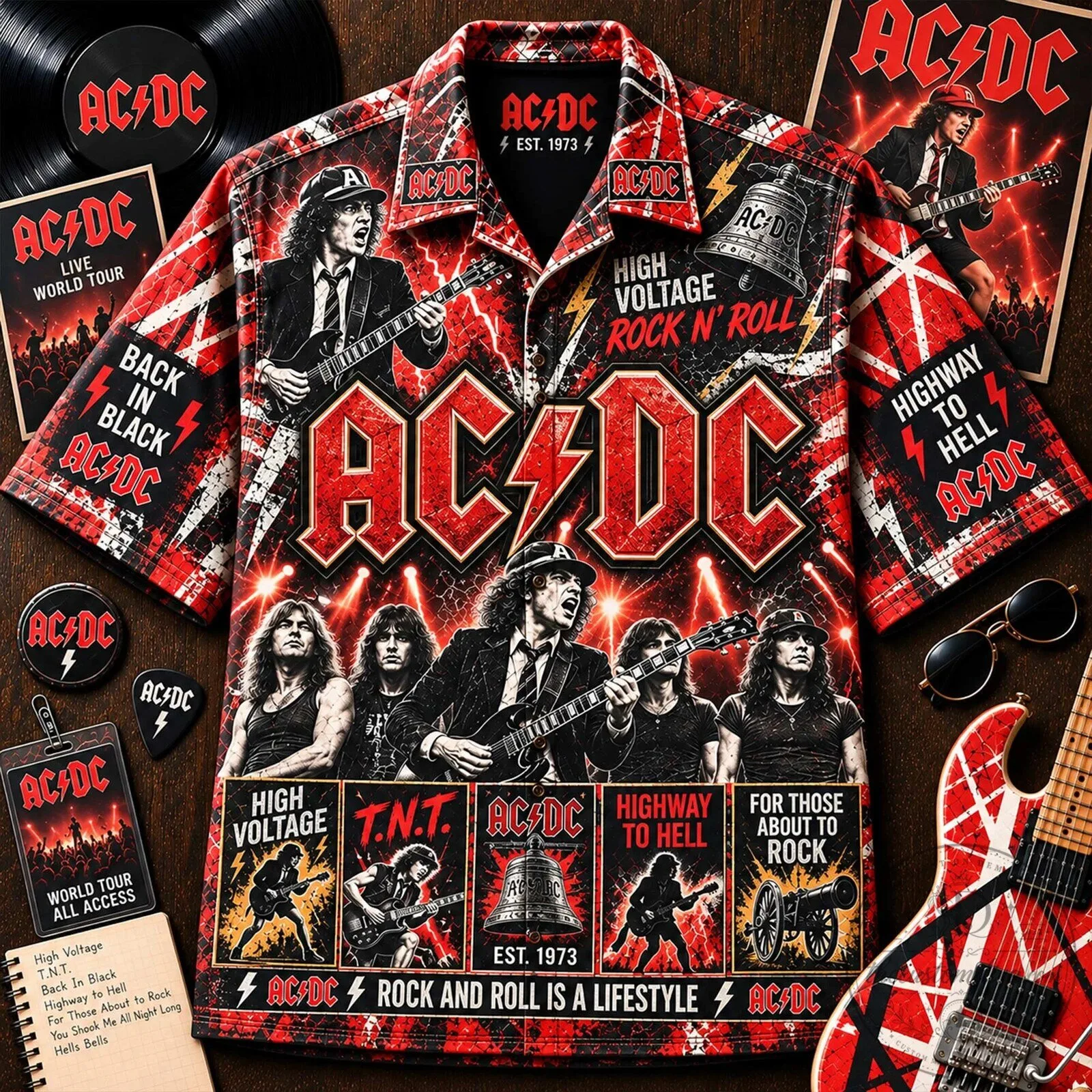 Hawaiian Shirt with ACDC High Voltage Rock and Roll Print