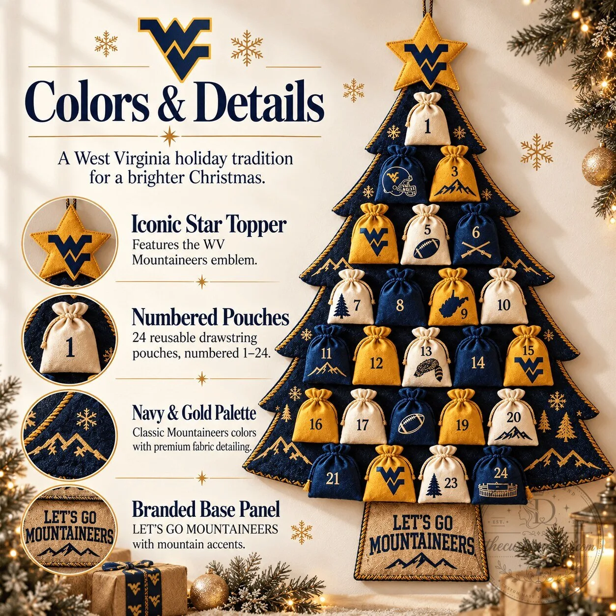 West Virginia Mountaineers Christmas Tree Advent Calendar with Numbered Pouches