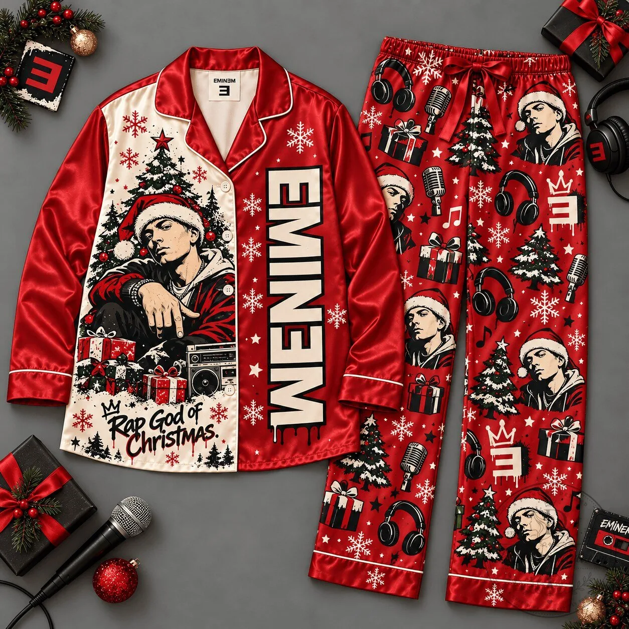 Eminem Rap God of Christmas Holiday Red Snowflake Pajamas Set