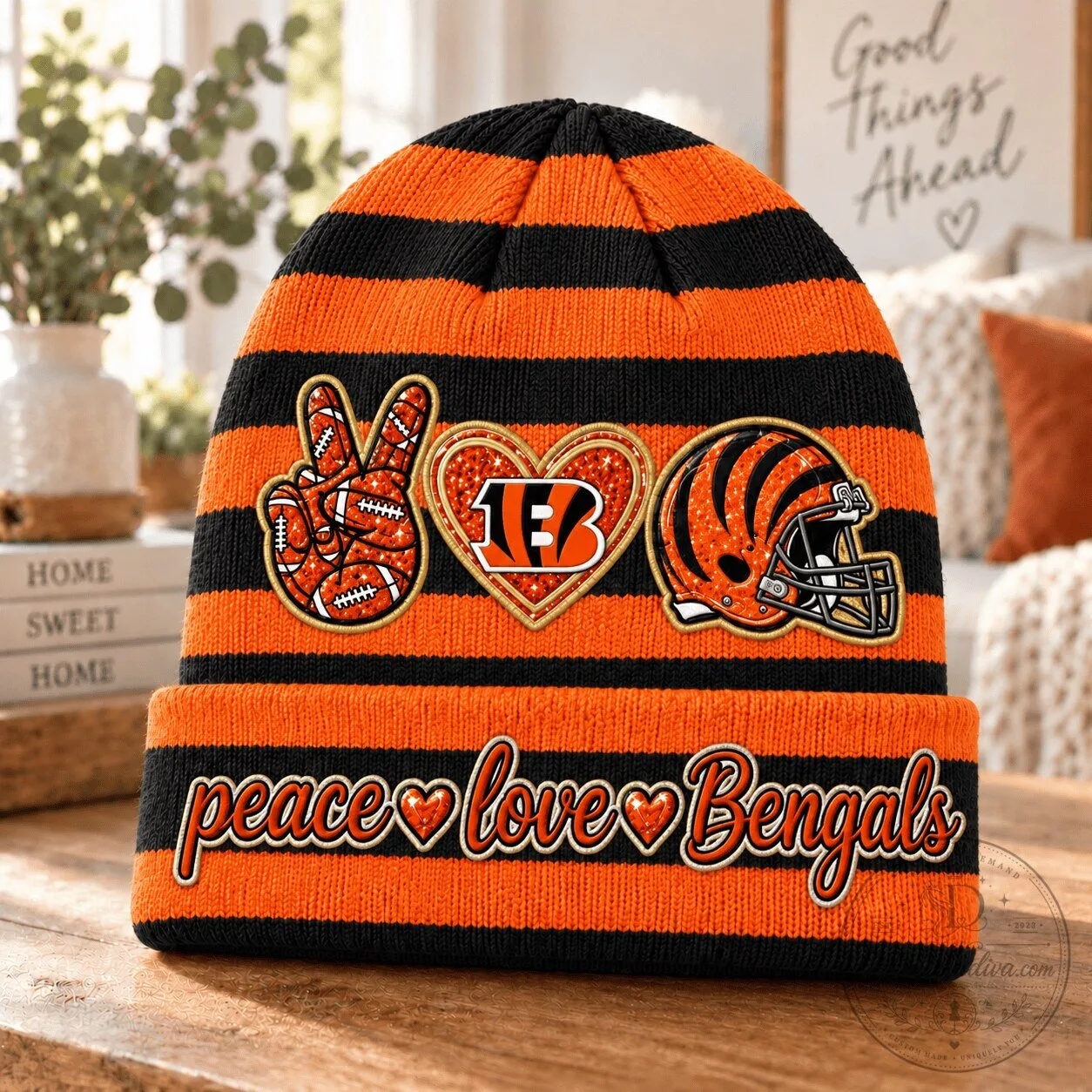 Cincinnati Bengals Football Team Peace Love Bengals Striped Beanie Hat