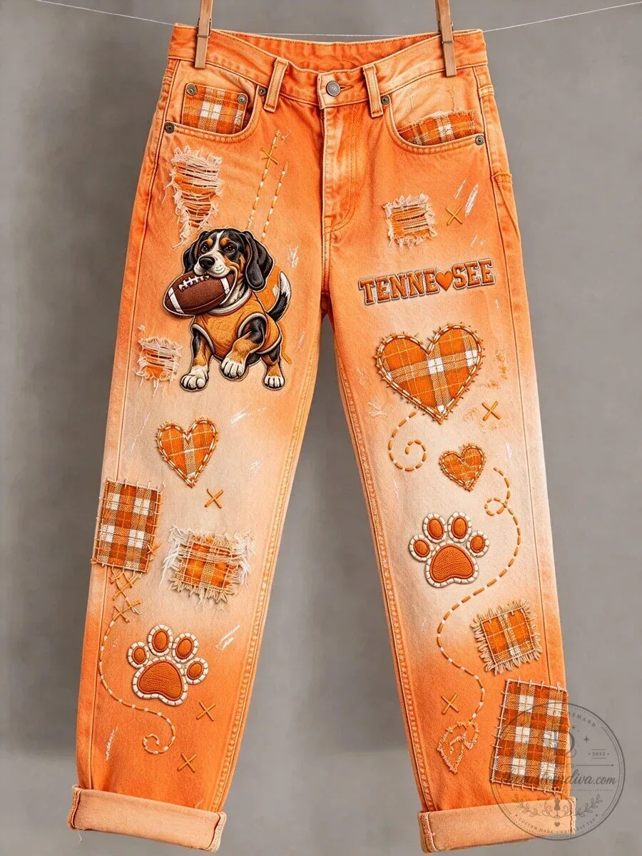 Tennessee Volunteers Football Dog Patchwork Distressed Jeans