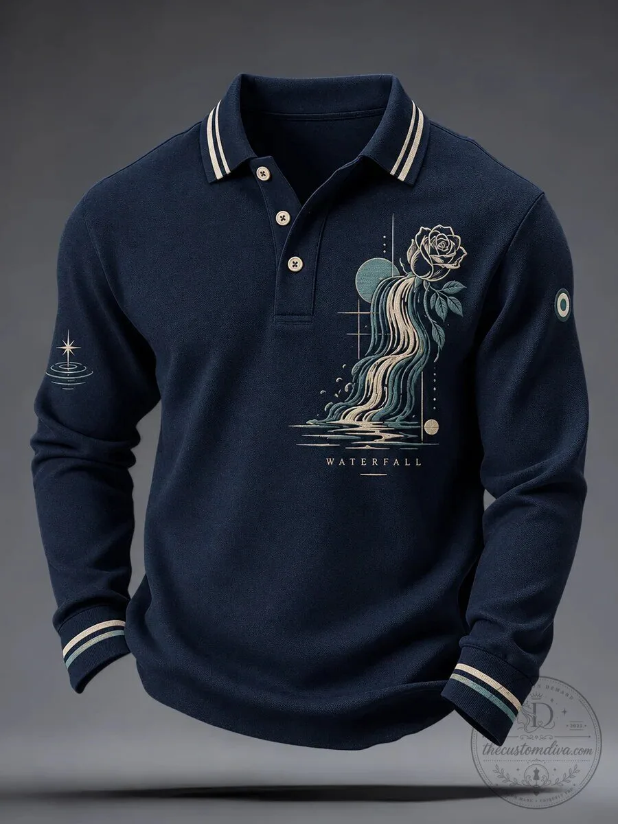 Waterfall Rose Graphic Art Long Sleeve Polo Shirt