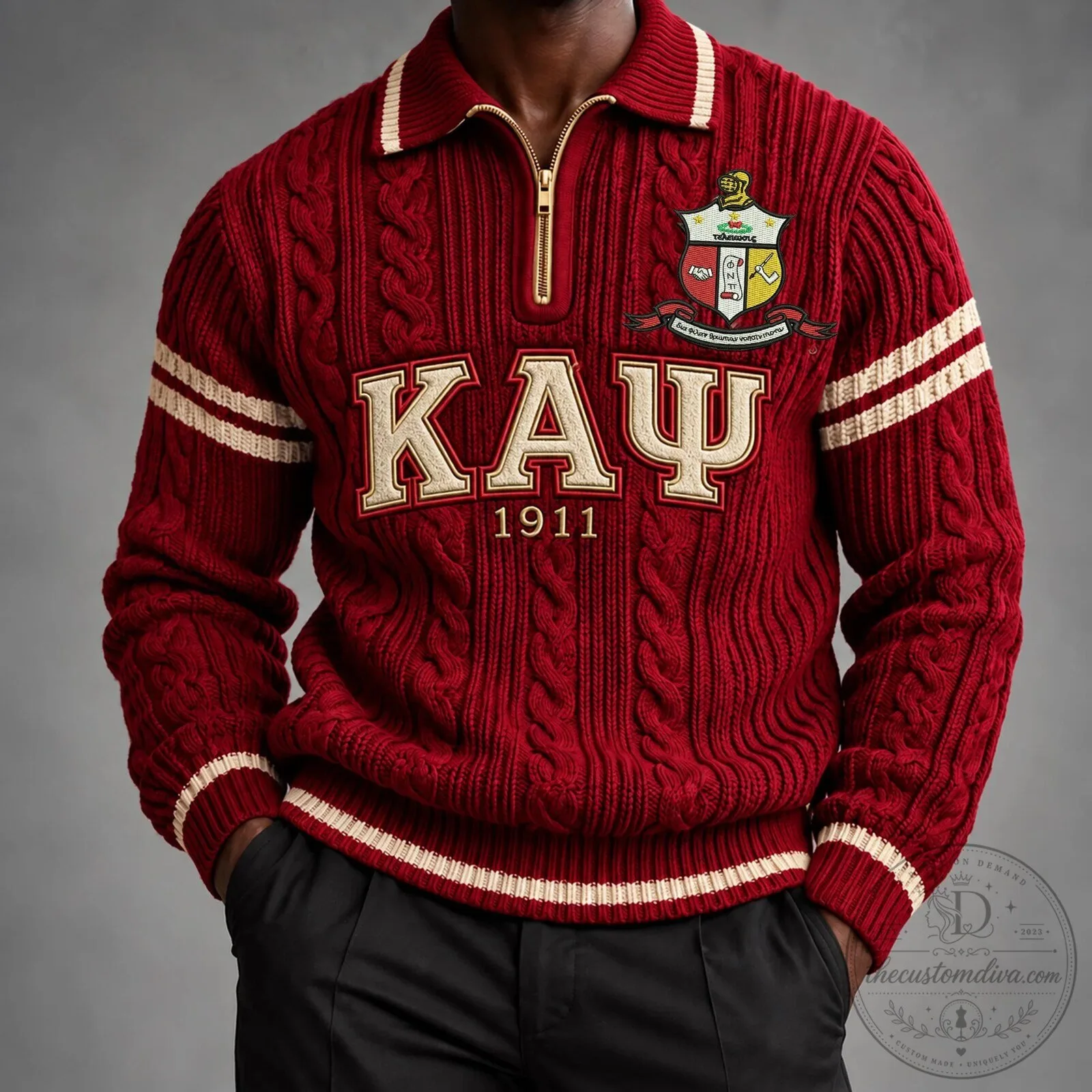 Kappa Alpha Psi Fraternity Cable Knit Quarter Zip Pullover Sweater 1 Kappa Alpha Psi Fraternity Cable Knit Quarter Zip Pullover Sweater
