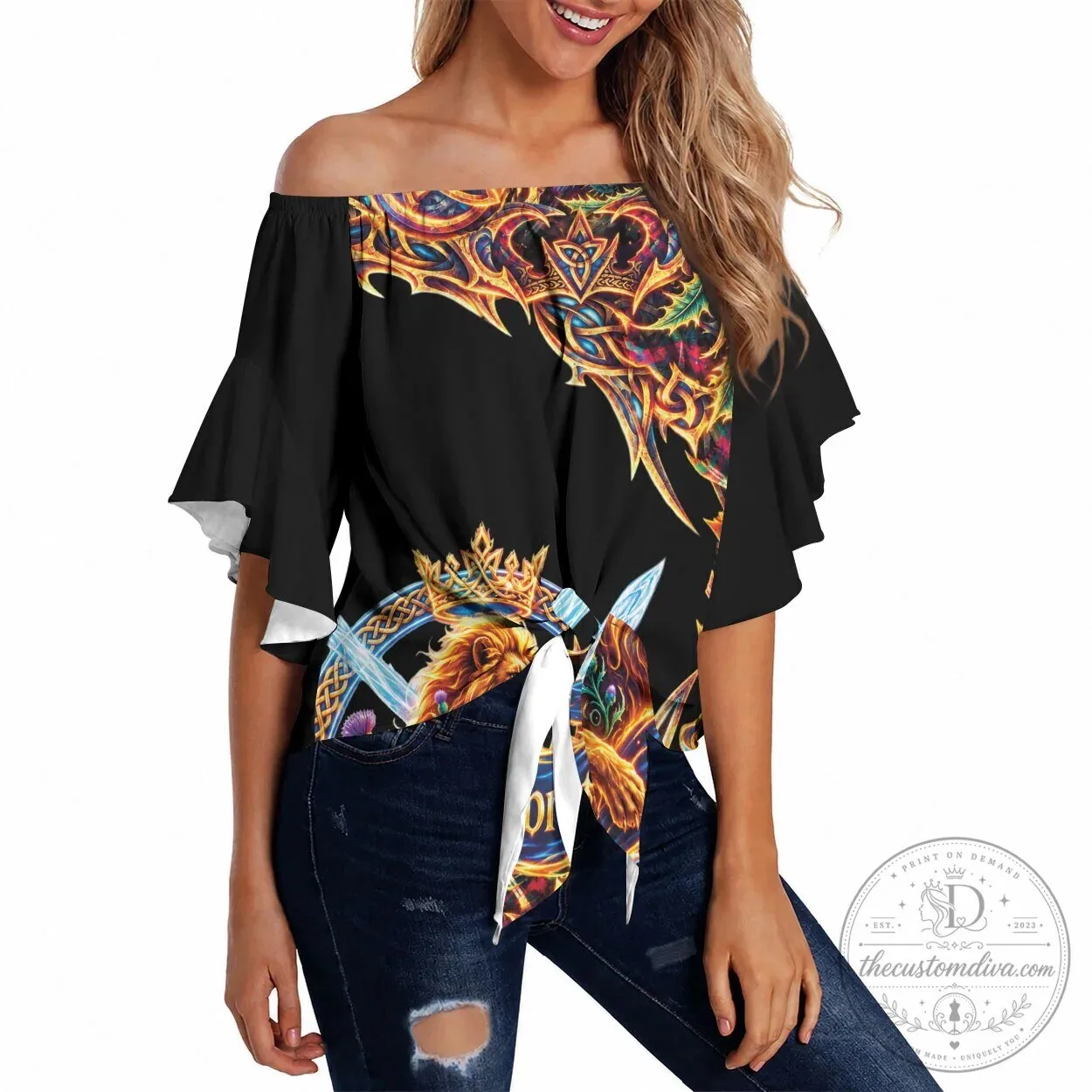 Scotland Forever Royal Lion Celtic Knot Off Shoulder Ruffle Sleeve Top 2 Scotland Forever Royal Lion Celtic Knot Off Shoulder Ruffle Sleeve Top