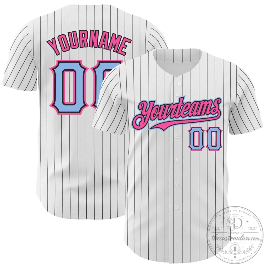 Custom White Black Pinstripe Light Blue Pink Authentic Baseball Jersey Custom White Black Pinstripe Light Blue Pink Authentic Baseball Jersey