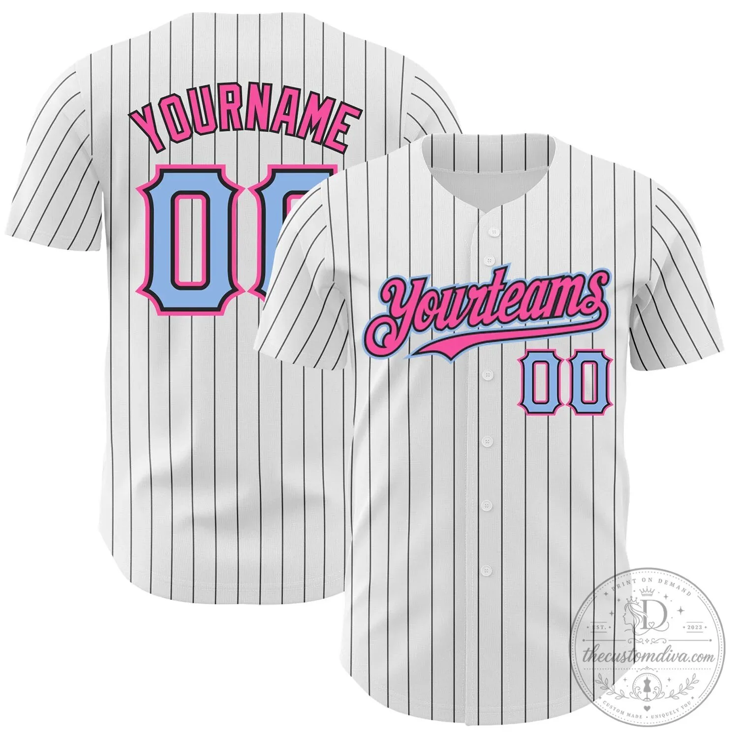 Custom White Black Pinstripe Light Blue Pink Authentic Baseball Jersey 9 Custom White Black Pinstripe Light Blue Pink Authentic Baseball Jersey