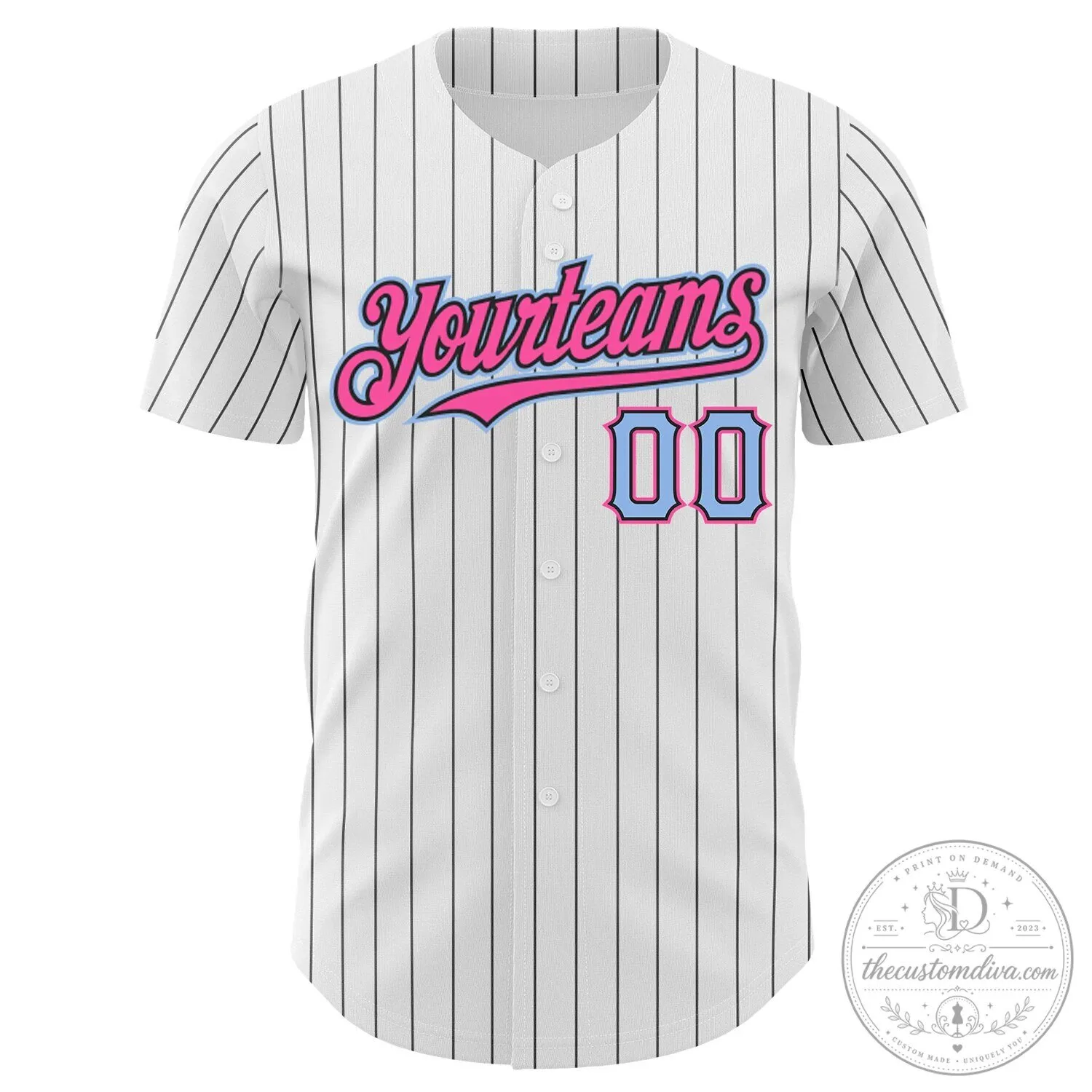 Custom White Black Pinstripe Light Blue Pink Authentic Baseball Jersey 10 Custom White Black Pinstripe Light Blue Pink Authentic Baseball Jersey
